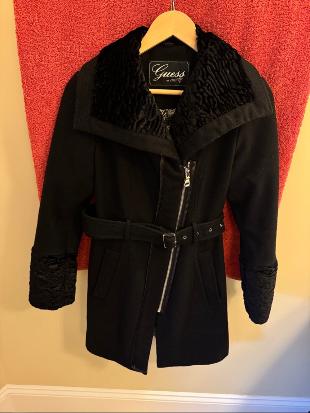 Guess Black Wool-Blend Belted Trench Coat with Faux Fur Trim